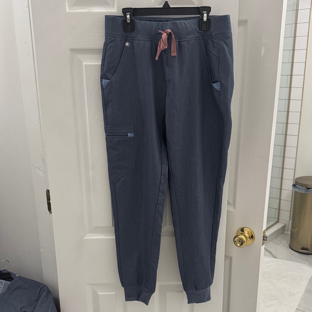 Figs Women's Cargo Pants in Blue with Pink Drawstring